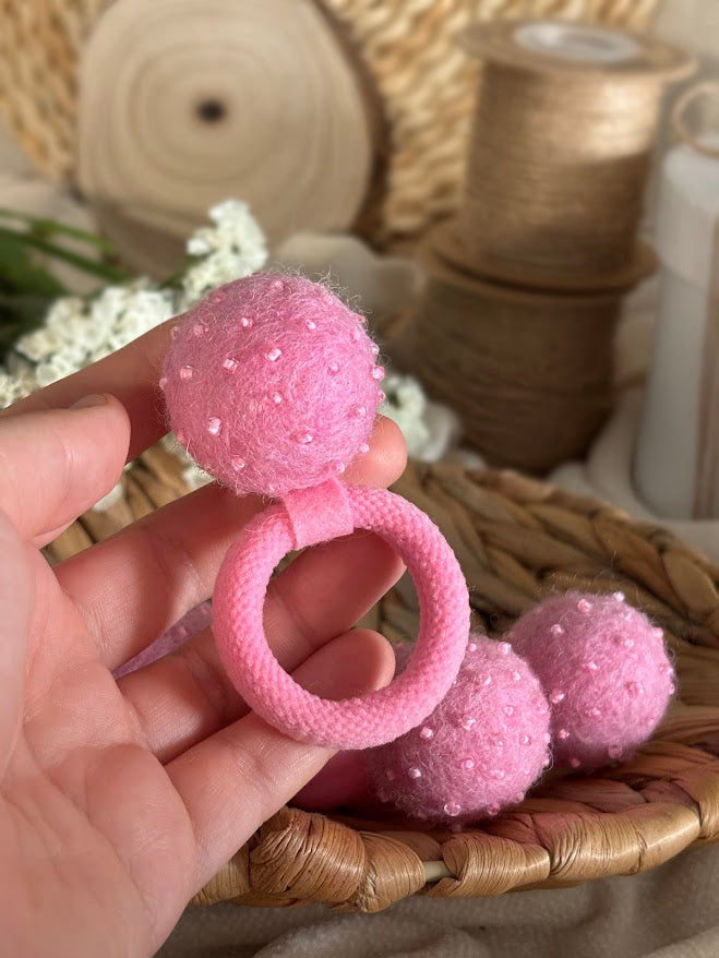 Light Pink Pom Pom Hair Ties, Set of 2, with Pearlescent Pink Beads