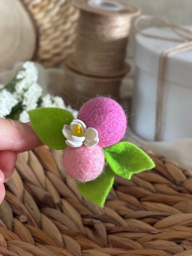Berry Hair Clips Set of 2 - Wool Pom Poms with Foam Flowers