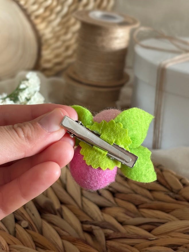 Berry Hair Clips Set of 2 - Wool Pom Poms with Foam Flowers