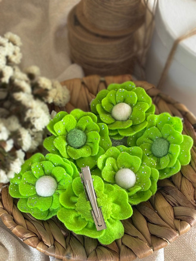 Lime Green Flower Hair Clips Set of 6 - Foam Flowers with Sparkle