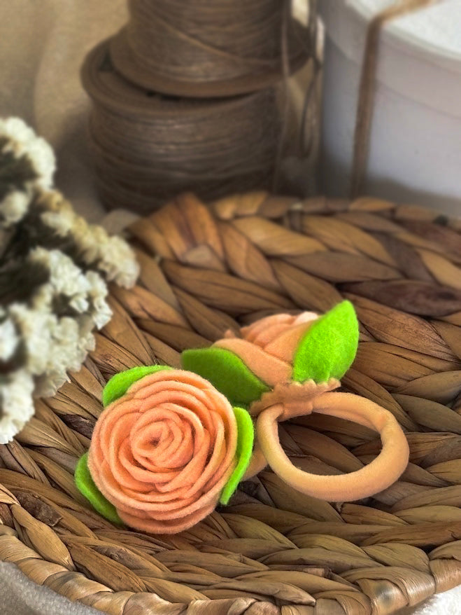 Peach Felt Rose Hair Ties, Set of 2, with Green Leaves