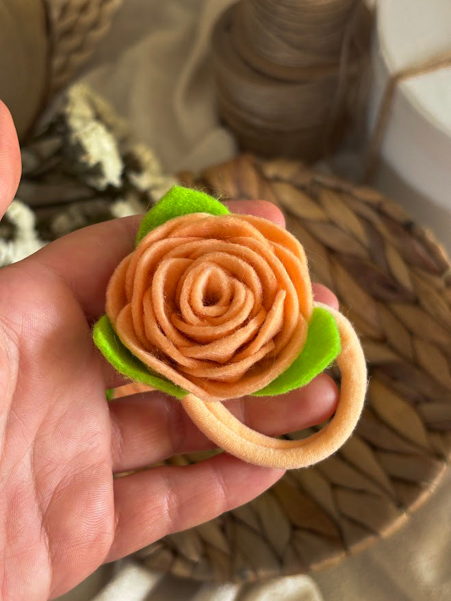 Peach Felt Rose Hair Ties, Set of 2, with Green Leaves
