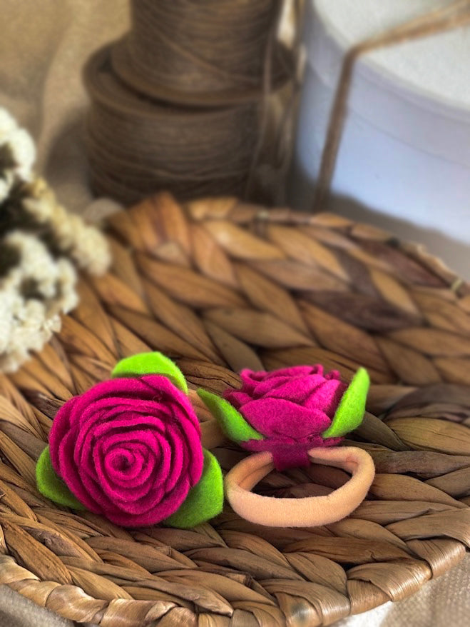Hot Pink Felt Rose Hair Ties, Set of 2, with Green Leaves