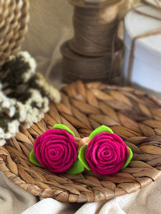 Hot Pink Felt Rose Hair Ties, Set of 2, with Green Leaves