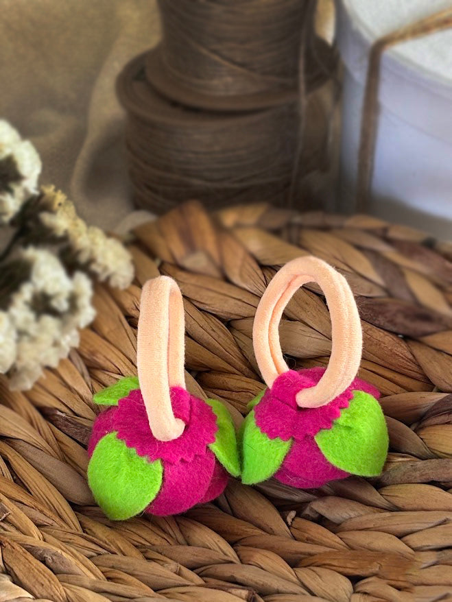 Hot Pink Felt Rose Hair Ties, Set of 2, with Green Leaves