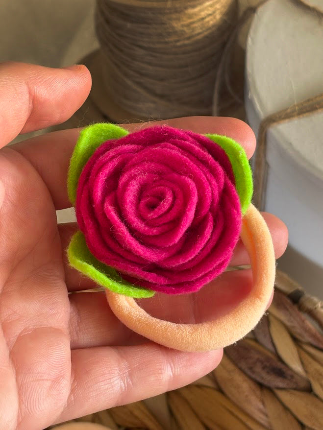 Hot Pink Felt Rose Hair Ties, Set of 2, with Green Leaves