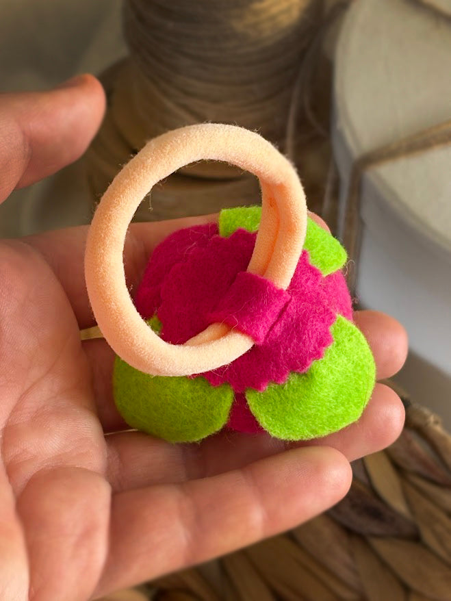 Hot Pink Felt Rose Hair Ties, Set of 2, with Green Leaves