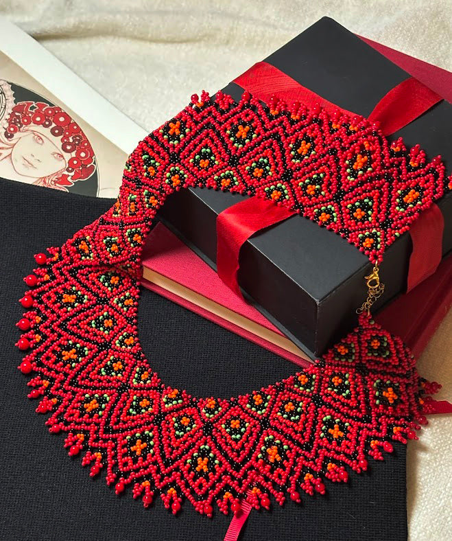 Red Mosaic Beaded Necklace