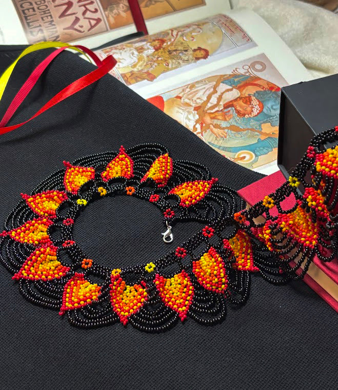Flame Beaded Collar with Lace Edge