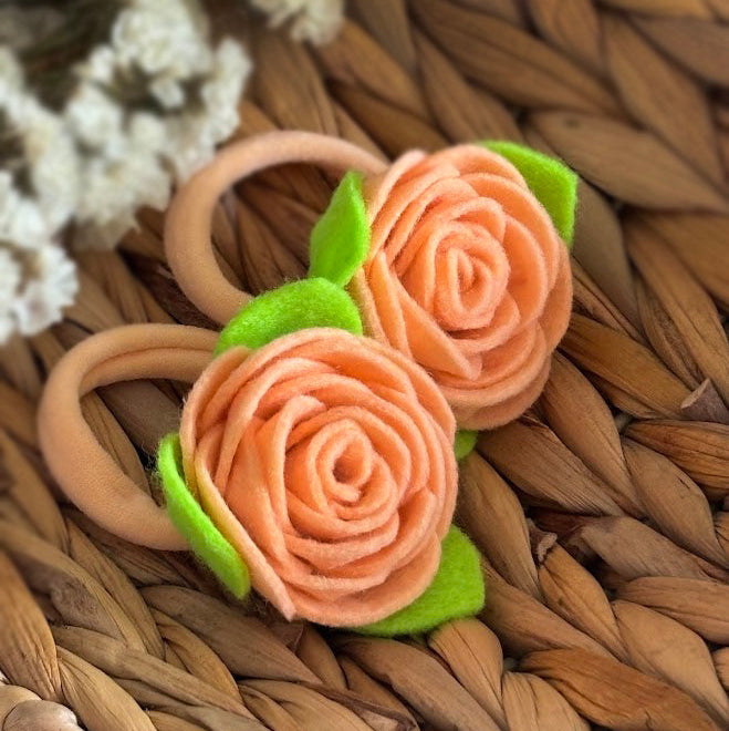 Peach Felt Rose Hair Ties, Set of 2, with Green Leaves