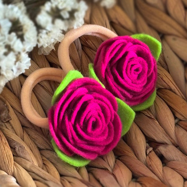 Hot Pink Felt Rose Hair Ties, Set of 2, with Green Leaves
