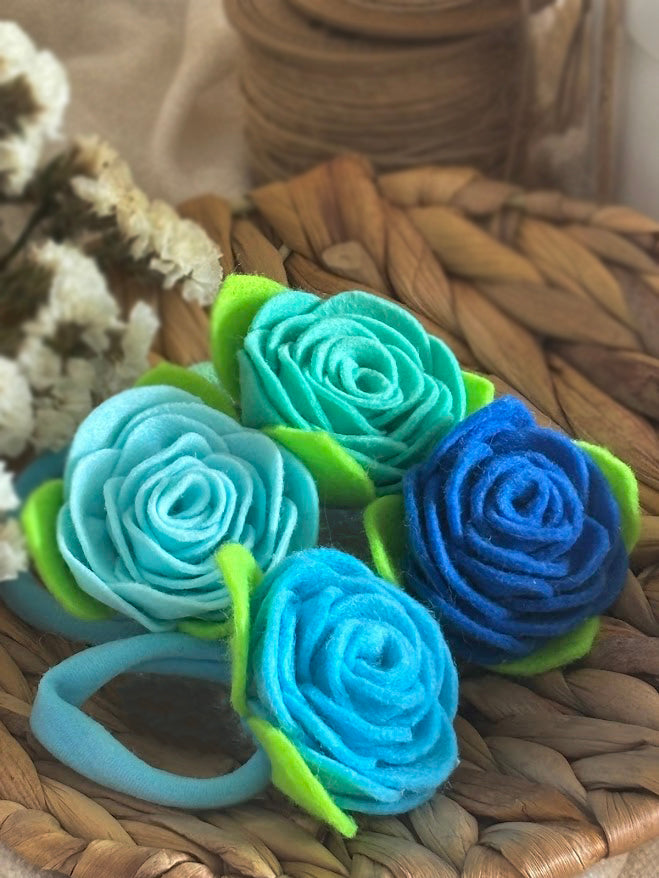 Blue Felt Rose Hair Ties, Set of 2