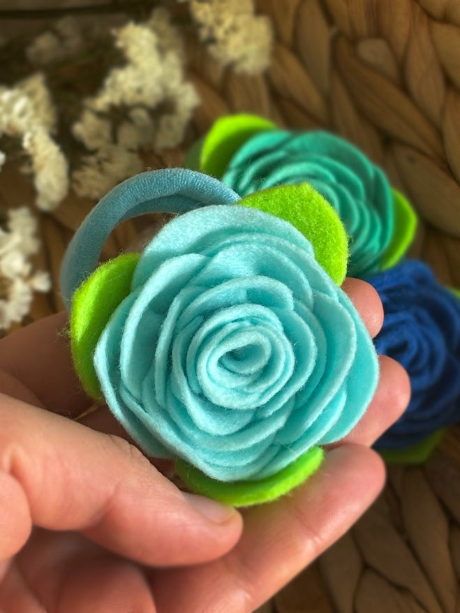 Sky Blue Felt Rose Hair Ties, Set of 2