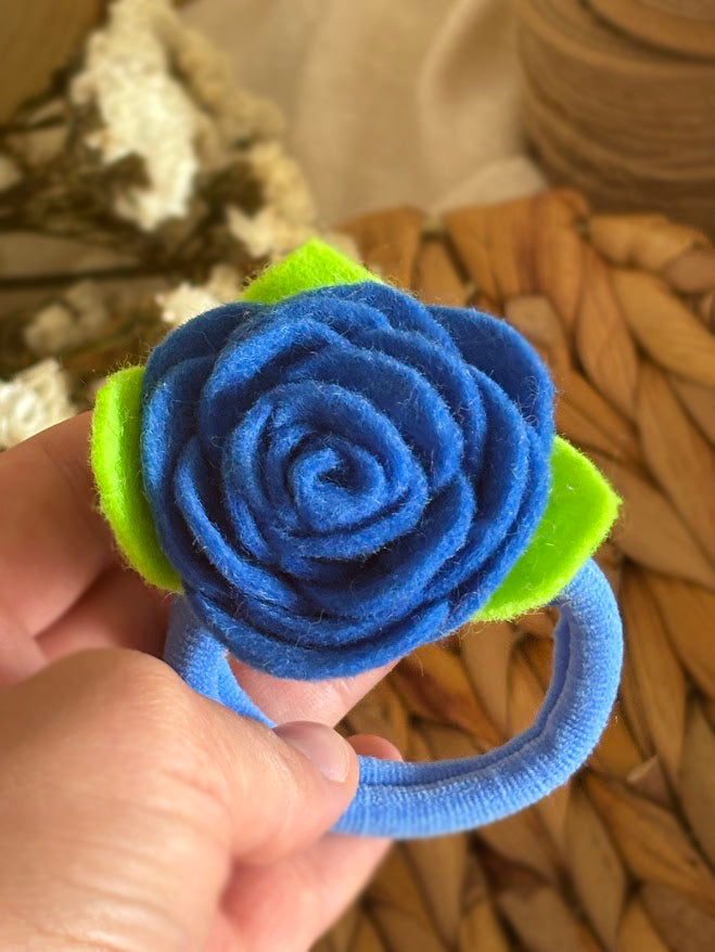 Blue Felt Rose Hair Ties, Set of 2