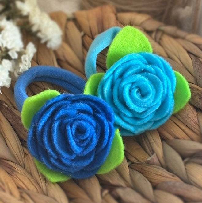 Blue Felt Rose Hair Ties, Set of 2