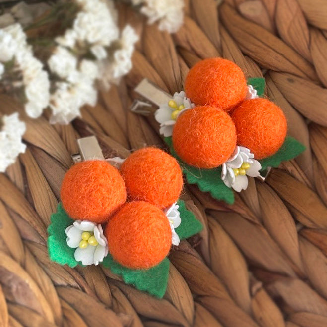 Orange Pom Pom Hair Ties Set of 2 - Wool Balls with Foam Flowers