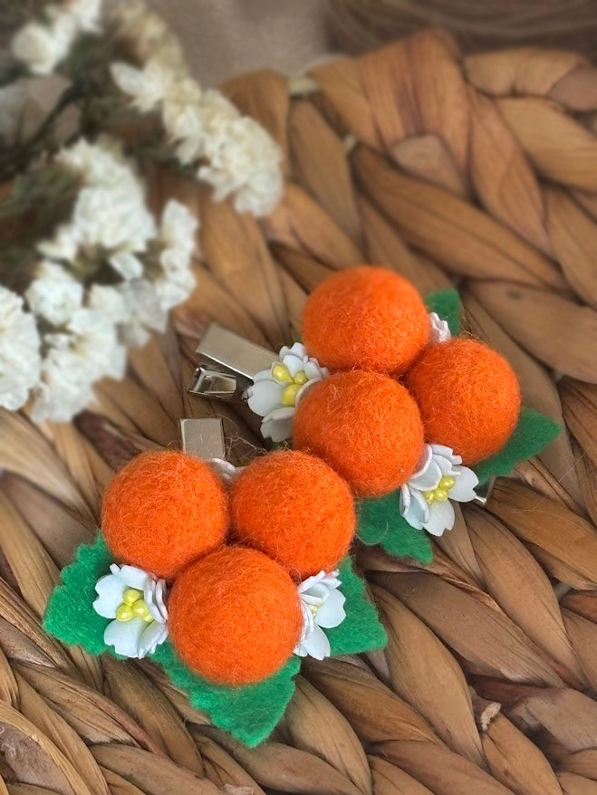 Orange Pom Pom Hair Ties Set of 2 - Wool Balls with Foam Flowers