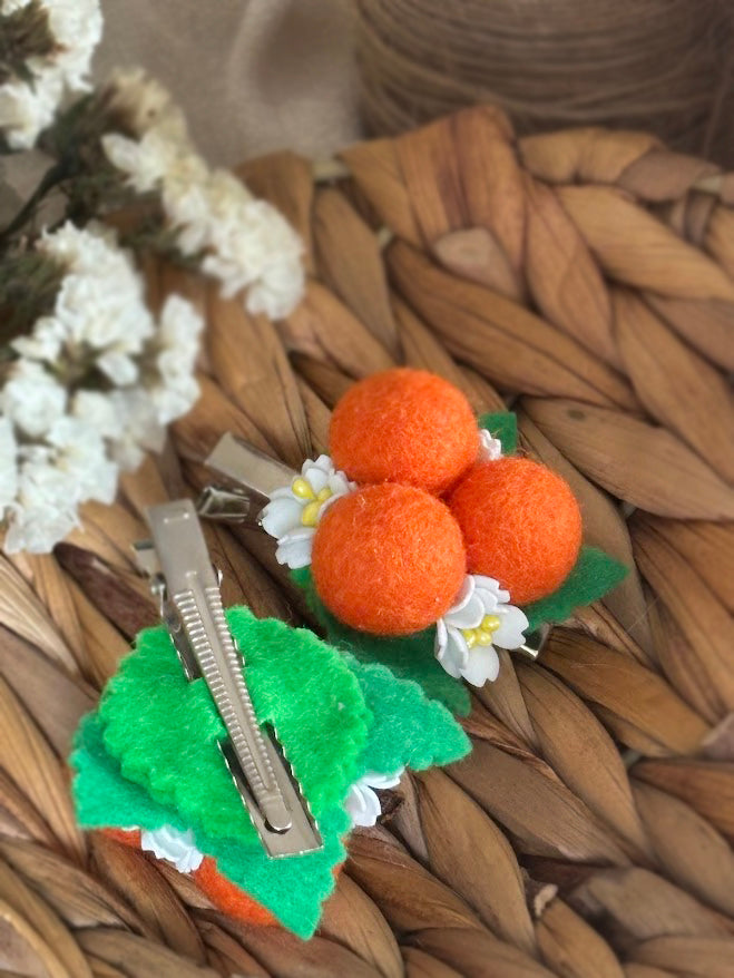 Orange Pom Pom Hair Ties Set of 2 - Wool Balls with Foam Flowers