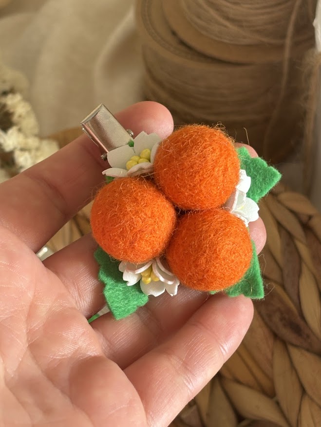 Orange Pom Pom Hair Ties Set of 2 - Wool Balls with Foam Flowers