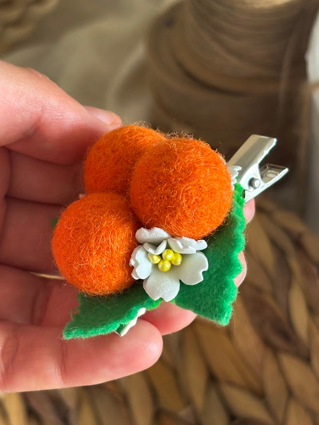 Orange Pom Pom Hair Ties Set of 2 - Wool Balls with Foam Flowers