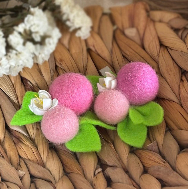 Berry Hair Clips Set of 2 - Wool Pom Poms with Foam Flowers