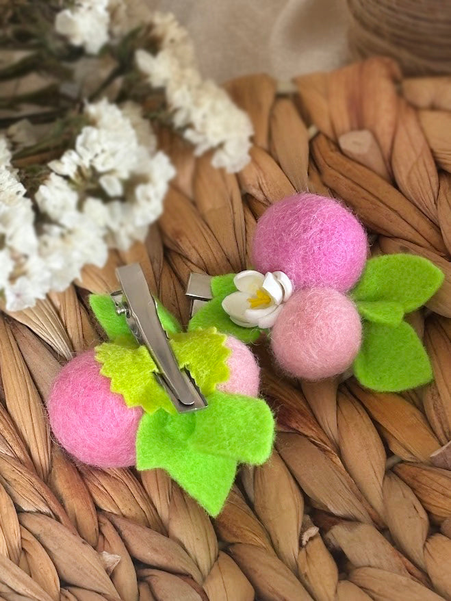 Berry Hair Clips Set of 2 - Wool Pom Poms with Foam Flowers