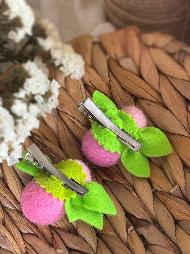 Berry Hair Clips Set of 2 - Wool Pom Poms with Foam Flowers