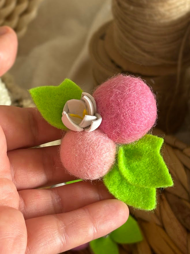 Berry Hair Clips Set of 2 - Wool Pom Poms with Foam Flowers