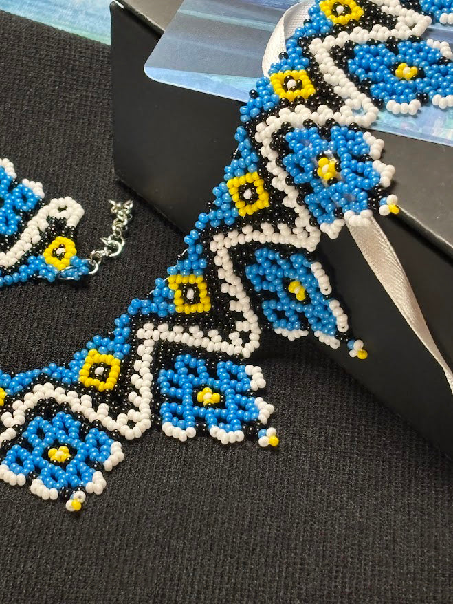 Blue Geometric Beaded Collar Necklace