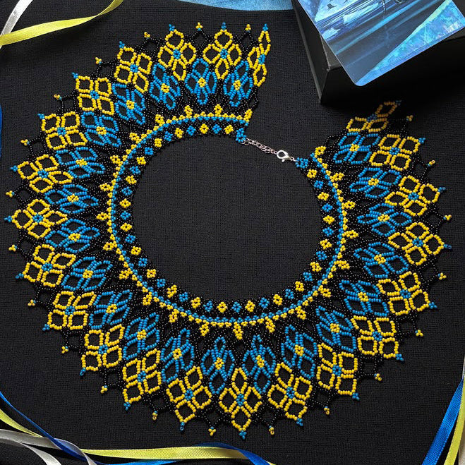 Blue & Yellow Geometric Fringe Collar