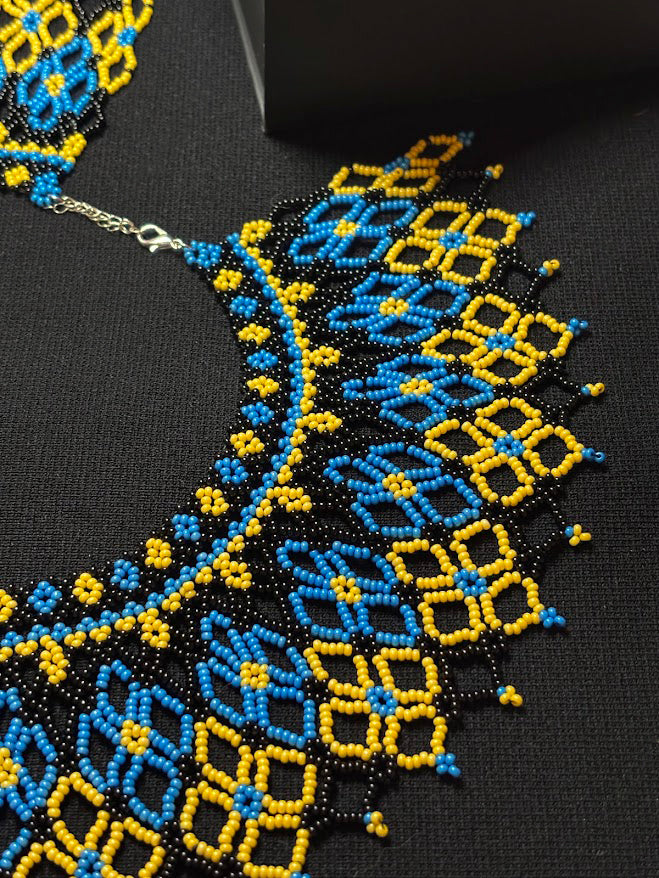 Blue & Yellow Geometric Fringe Collar