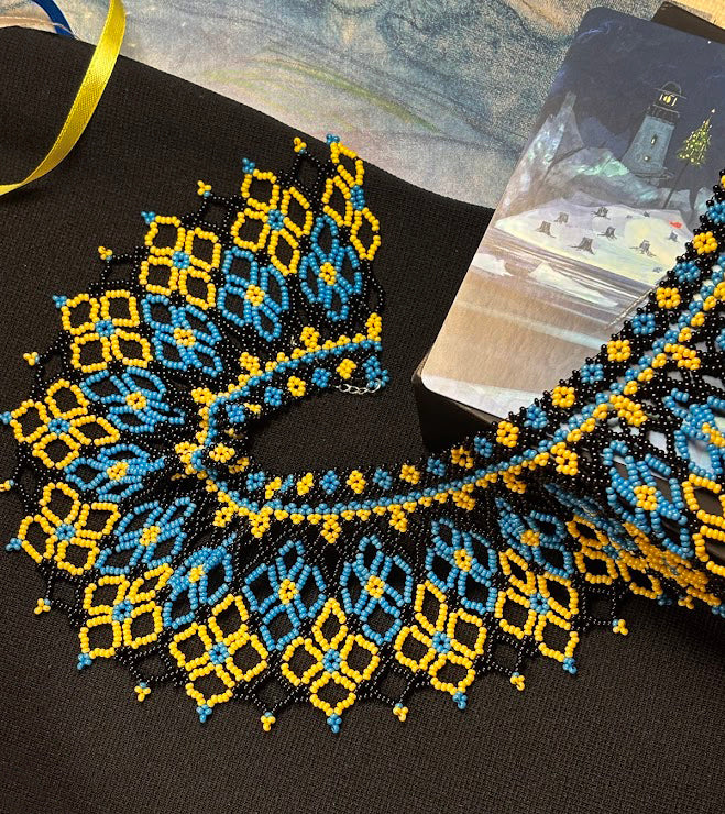 Blue & Yellow Geometric Fringe Collar