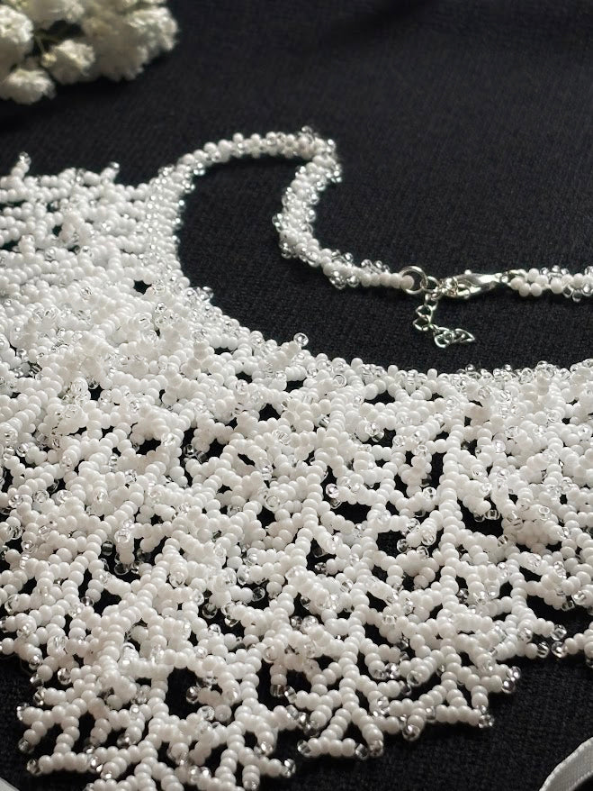 White Beaded Collar Necklace with Coral Branch Design