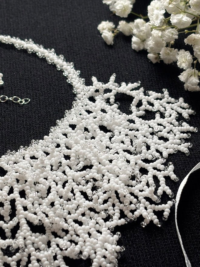 White Beaded Collar Necklace with Coral Branch Design