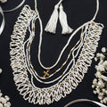 White Beaded Necklace with Cross and Tassels