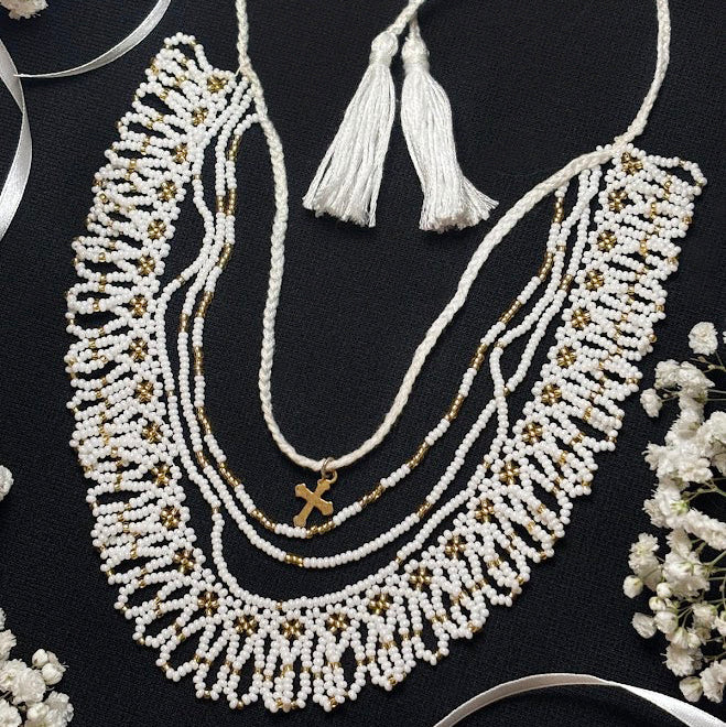 White Beaded Necklace with Cross and Tassels