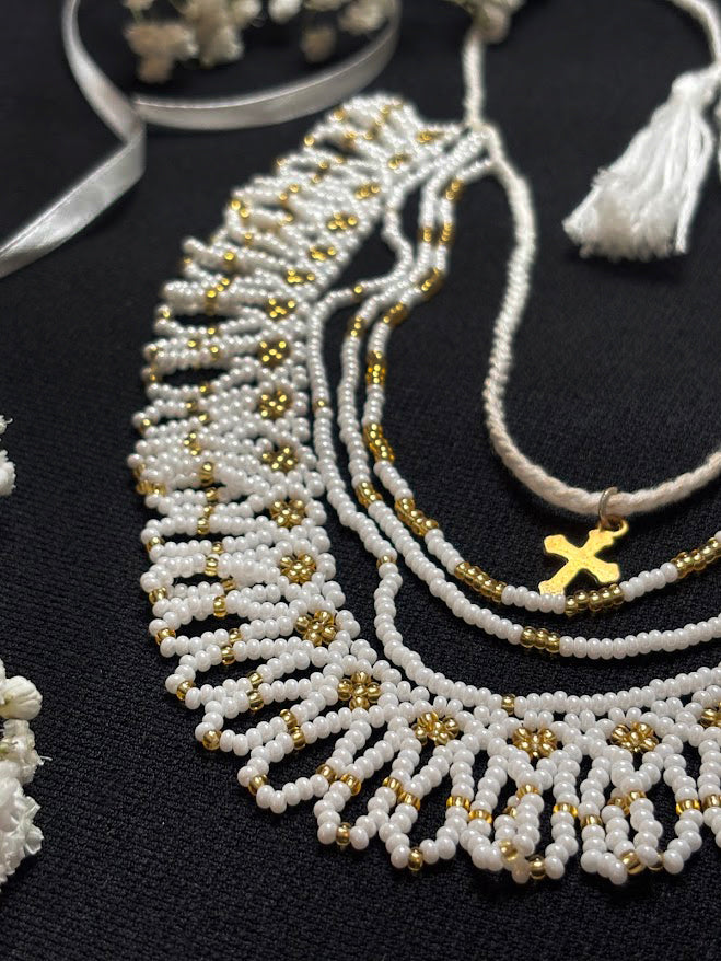 White Beaded Necklace with Cross and Tassels