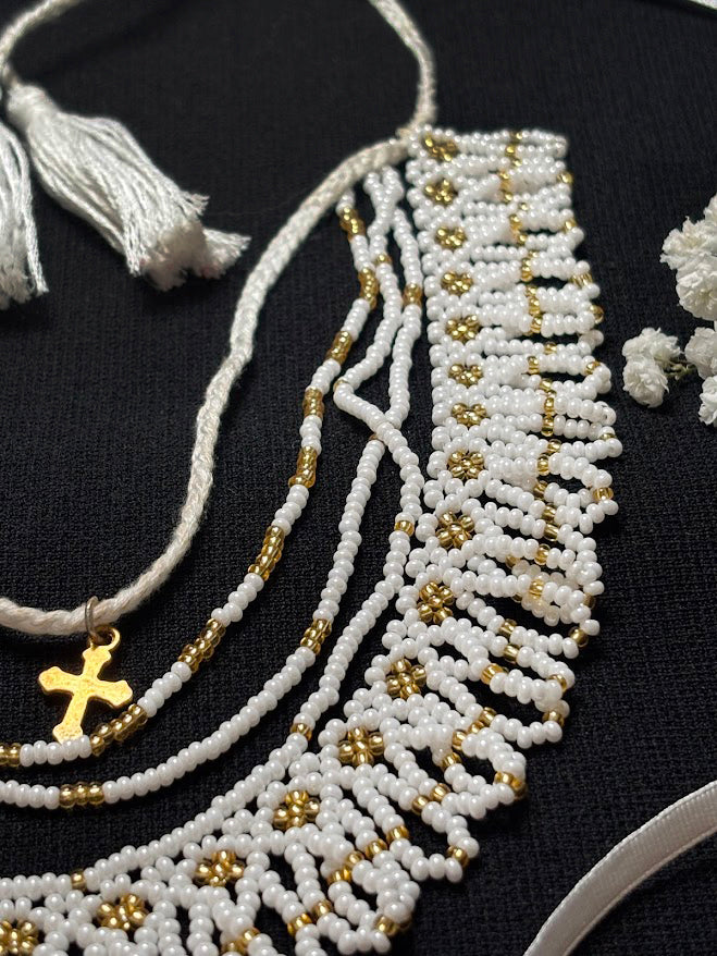 White Beaded Necklace with Cross and Tassels