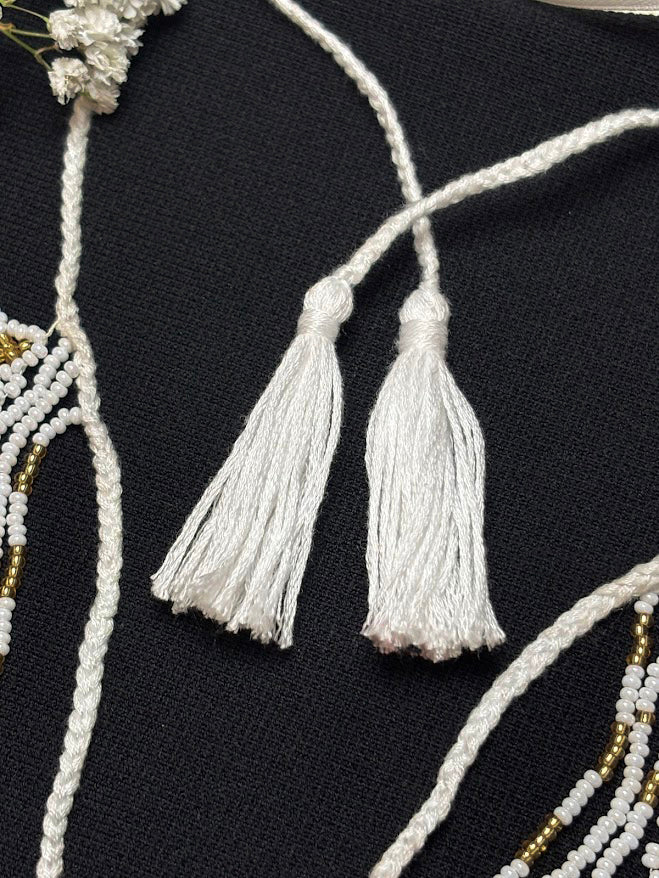 White Beaded Necklace with Cross and Tassels