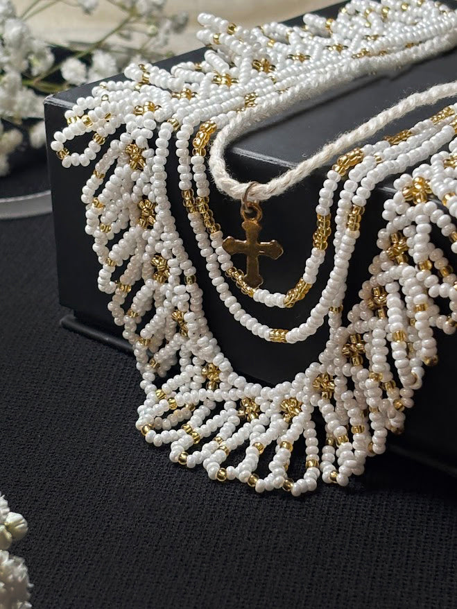 White Beaded Necklace with Cross and Tassels