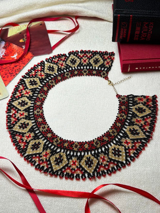 Luxurious Red Black and Gold Beaded Collar Necklace