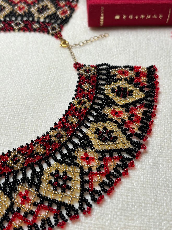 Luxurious Red Black and Gold Beaded Collar Necklace