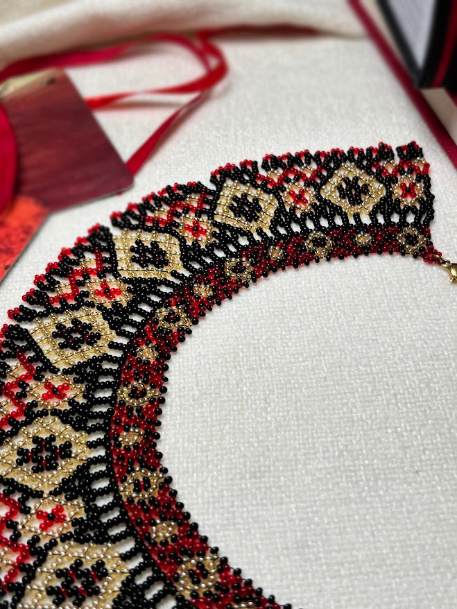 Luxurious Red Black and Gold Beaded Collar Necklace