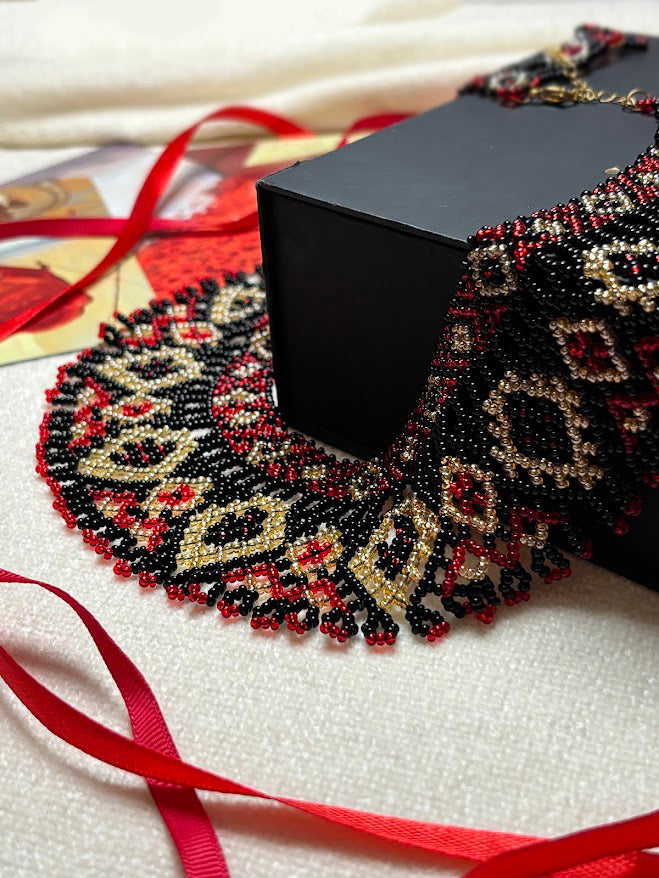 Luxurious Red Black and Gold Beaded Collar Necklace