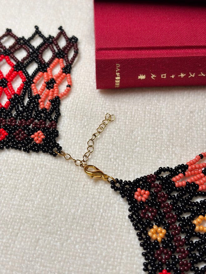 Black Beaded Collar Necklace with Autumn Floral Pattern