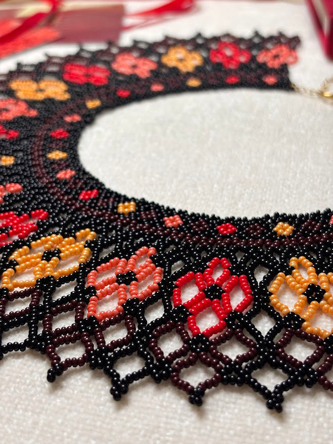 Black Beaded Collar Necklace with Autumn Floral Pattern