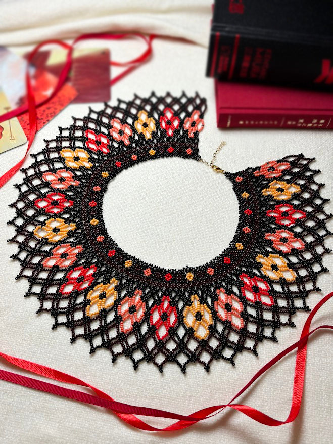 Black Beaded Collar Necklace with Autumn Floral Pattern