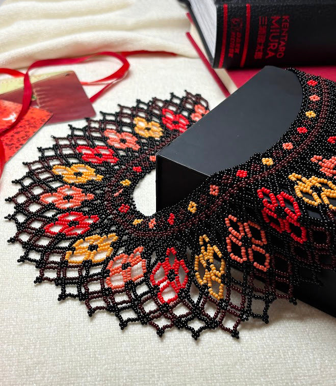 Black Beaded Collar Necklace with Autumn Floral Pattern