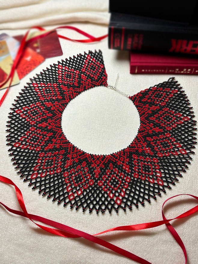 Black and Red Beaded Collar Necklace with Geometric Pattern