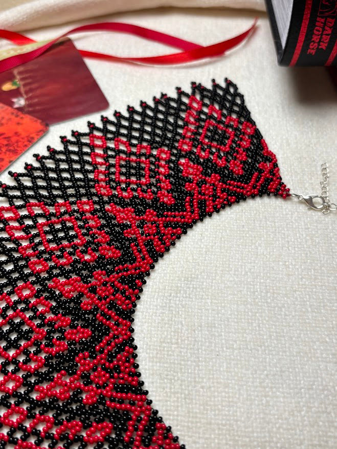 Black and Red Beaded Collar Necklace with Geometric Pattern